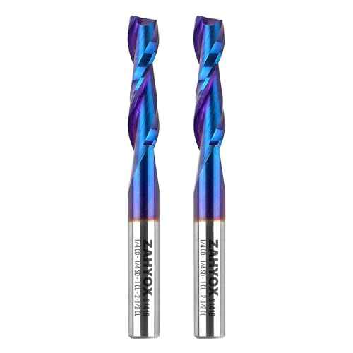 ZahyoX 1/4 Inch Shank Upcut Spiral Router Bit, Nano Coated Solid Carbide Straight CNC End Mill for Wood, 1/4 Dia x 1 CL x 2-1/2 OVL, 2 Pack