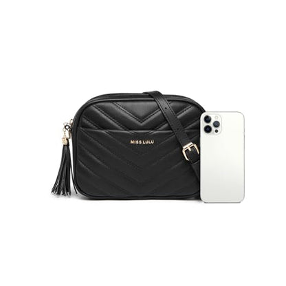Miss Lulu Women's Small Black Crossbody Shoulder Bag with Adjustable Strap - PU Leather, V-Shaped Pattern & Tassel Detail