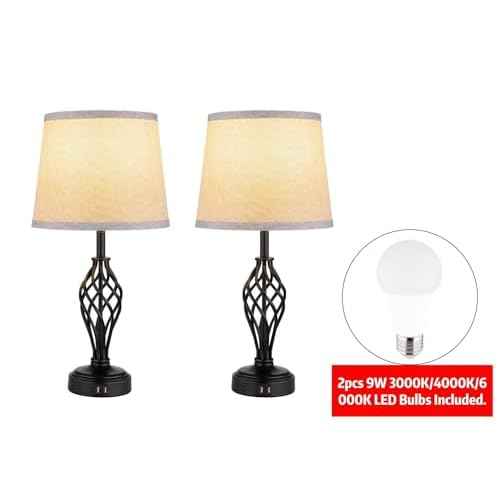 Charging Table Lamps Set of 2, nightstand lamp with USB Ports Bedside Desk lamp for Living Room Bedroom,Black Spiral cage Base Design 3 Color Temperature LED Bulbs Included.