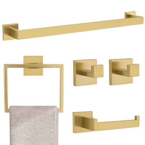 Brushed Gold 5 Pieces Bathroom Hardware Accessories Set Towel Bar Set Towel Holder Racks Set for Bathroom,SUS304 Stainless Steel,Wall Mounted 23.6-Inch