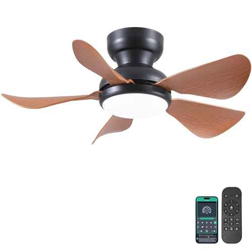32 Inch Modern Ceiling Fans with Lights, Small Flush Mount Ceiling Fan with Light and Remote/APP Control, 5 Reversible 6 Speeds Curved Blades, 3 CCT Dimmable Lights for Kids Room, Brown