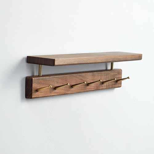 Solid Wood Shelf with Hooks, 19 inch Coat Rack Wall Mount, Shelves with 6 Brass Hooks for Hanging in Entryway, Living Room, Bathroom, Bedroom, Kitchen(Walnut)