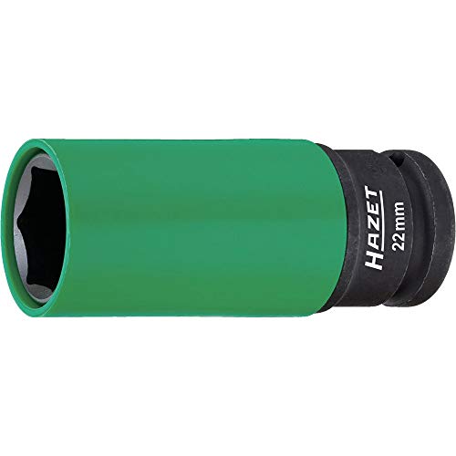 HAZET 903SLG-22 1/2 Inch Impact Socket, 22 Mm AF, External Hexagonal Traction Profile, For Aluminum Rims, Color-Coded Plastic Sleeve Green