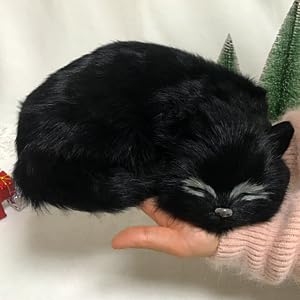 Lifelike Black Sleeping Cat Figurine - Realistic Curled Up Void Kitten Statue, Faux Fur Kitty House Panther Decor, Handcrafted Goth Halloween Decoration Home Office Gift