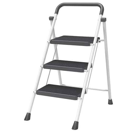 White 3 Step Stool Foldable ? Heavy-Duty Foldable Step Stool for Adults, 500 lbs Capacity, Anti-Slip Feet & Wide Steps, Sturdy Steel Frame, Lightweight & Space-Saving Design for Home, Kitchen & Garage