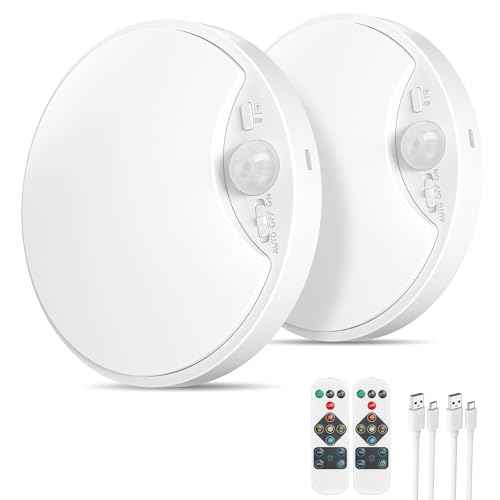 2 Pack 10000mAh Rechargeable Motion Sensor Ceiling Light with Remote, Battery Operated Closet Light No Wiring, Magnetic Wireless LED Ceiling Lights, 3 Color Overhead Lamp for Shower Pantry Hallway