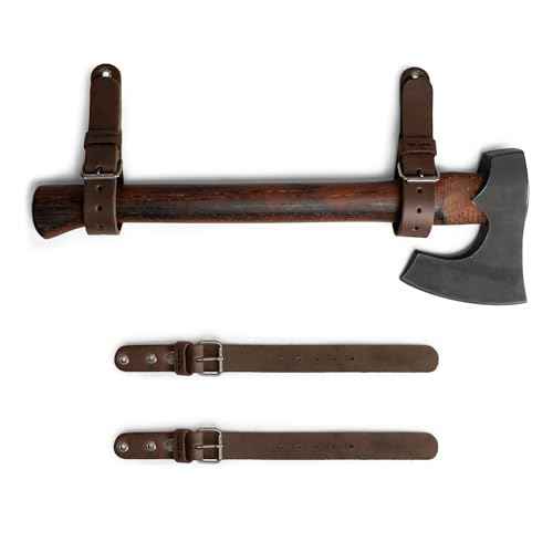 Leather Wall Hanging Straps, Set of 2, Buckle Closure for Axes, Hatchets & Tools, Heavy Duty Tool Hangers, Garage Storage Organization, Axe Mount Holders, Organizer Hooks