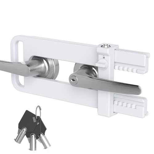 AST Double Door Security Lock, French Door Lockout Device with Keys, Reinforcement Lock for Knobset and Handleset, Prevent Kick Ins, Childproof, Kids Proof Barricade (White with Snib and Cylinder)