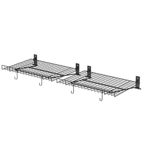 2 Pack Foldable Wall Shelf, Wall Mounted Garage Storage Shelves, Heavy Duty Wall Shelving Supports Up To 90 LBS. Floating Shelves With 4 Hooks Metal Storage Rack for Office, Kitchen and Laundry Room