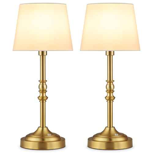 GGOYING Set of 2 Rechargeable Cordless LED Table Lamps, 4-Level Dimmer, Bronze Portable Desk Lamps with White Fabric Shades, Night Light for Dining, Bedroom and Patio