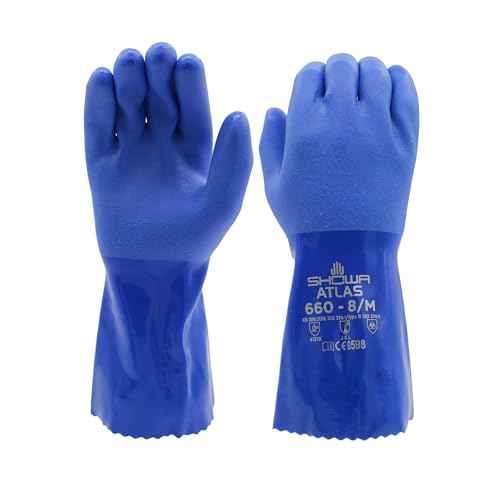 SHOWA Atlas 660 Triple-Dipped PVC Coated Chemical Resistant Safety Glove with Cotton Liner, 12" Length, Large (12 Pair)