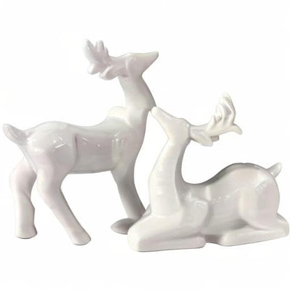 Porcelain Christmas Reindeer Figurines, Pack 2 Mini Animal Reindeer Decor Deer Statues Sculpture Tabletop Ornaments for Cabinet Mantel Shelves Fireplace Home Décor Accents Collectible Figurines