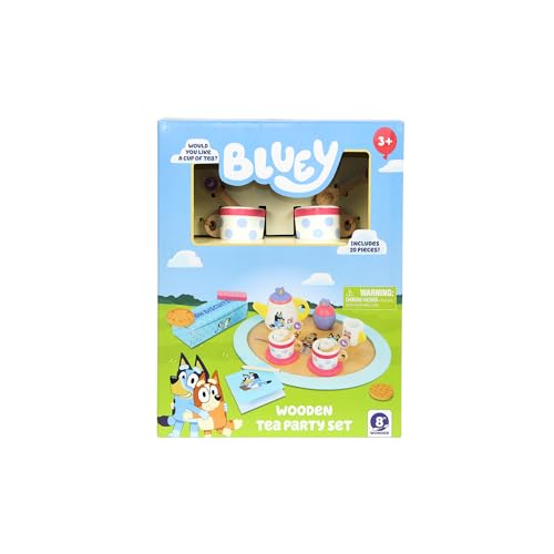 Bluey Wooden Tea Party Set – 18 PC Pretend Play Set with Tray, Teapot, Tea Cups, Biscuits, Sugar Pot, Notepad & Pencil- Durable, Eco-Friendly FSC Certified Wood – Imaginative Role Play Toy for Kids 3+