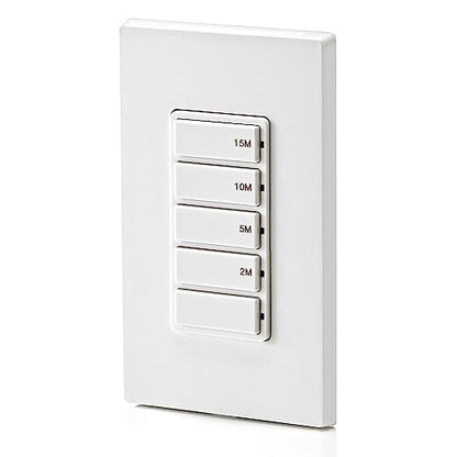 Leviton Countdown Timer Switch for bathroom fan and household lights, 5-10-15-30 min, No Neutral Required, Single Pole, 15A, 1/2 HP/9.8A Fan/Motor, DT130-1LW, White