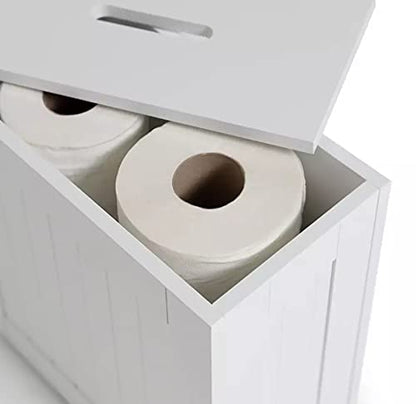 Unibos Bathroom Storage Unit, Freestanding Toilet Roll Cabinet, Compact Slimline Wooden Bathroom Storage Box, Multi Purpose Cleaning Tidy (White)