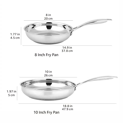 Amazon Basics 2-Piece Oven Safe, Riveted Handle Stainless Steel Induction Frying Pan Set - Silver, 8-inch & 10-inch