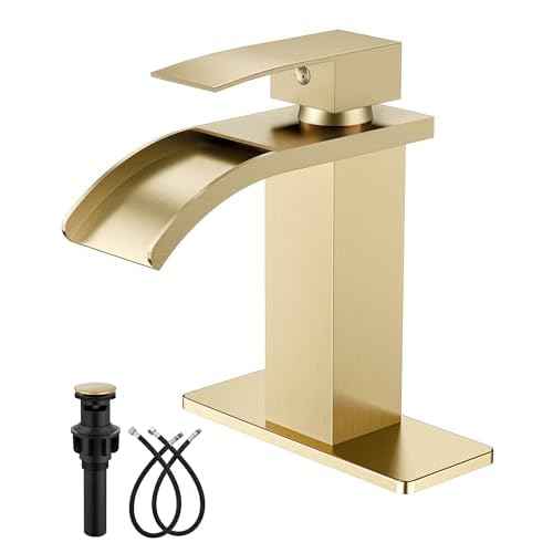 Waterfall Bathroom Faucets Single Hole Sink Faucet for 1 or 3 Hole Single Handle Vanity Basin with Deck Plate,with Pop-up Drain&Supply Lines,Brushed Gold