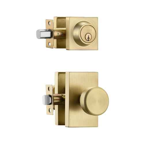 Gold Door Knobs Interior with Lock, Satin Brass Exterior Door Lock Set with Deadbolt