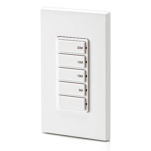 Leviton Countdown Timer Switch for bathroom fan and household lights, 5-10-15-30 min, No Neutral Required, Single Pole, 15A, 1/2 HP/9.8A Fan/Motor, DT130-1LW, White