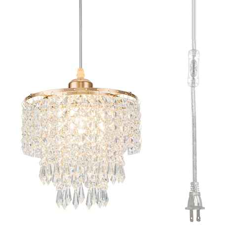 8" Plug in Pendant Light Corded Hanging Lights with Plug in Cord Hanging Lamp Plug in with 16.4 Ft Cord Mini Chandelier for Bedroom Kitchen Island Hallway Bathroom Closet (Gold)