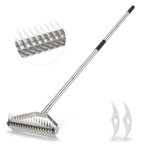 Thatch Rakes for Lawns,14.2-Inch Thatching Rake,304 Stainless Steel Dethatcher Rake with Adjustable Handle and 2 Extra Replaceable Blades,Heavy Duty Rakes for Cleaning Dead Grass and Loosening Soil