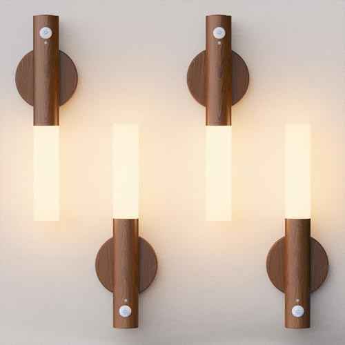 Rechargeable Motion Sensor Night Lights - 2200mAh Battery Operated Wall Sconces, Wireless Wall Lights Sconce, Magnetic Portable Hallway Light for Picture Stair Cabinet, 3000K 4 Pack