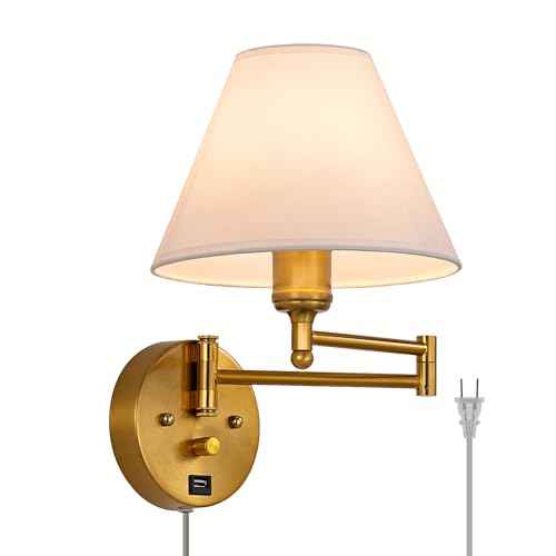 Swing Arm Wall Sconces, Plug-in Wall lamp,Bedroom Wall lamp £¬ White Fabric Shade£¬£¬with dimmable Switch and USB Charging Port, Suitable for Bedside, Living Room, Reading (Golden)