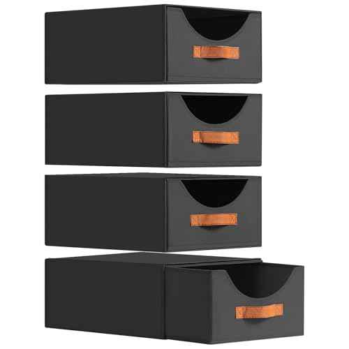 Closet Organizers and Storage - Large Stackable Storage Bins with Drawer, Fabric Bins for Organization, Collapsible Storage Drawers Organizer for Bedroom, Living Room, 4 Pack, Black