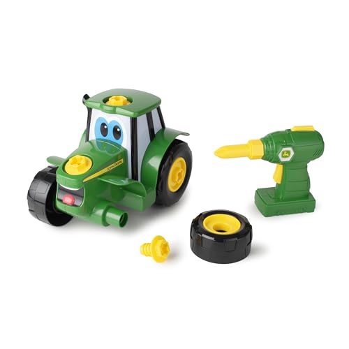 John Deere Build A Johnny Tractor, 16 Piece Building Farm Toy Car, Tractor Toy With Motorised Drill For 18 Months, 2, 3 and 4 Years Old Boys and Girls