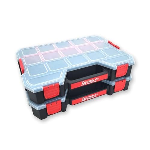 Taytools 17 Compartment Large Parts Organizer Box - Dual Latch Portable Tool Box with Removeable Dividers for Storing Hardware, Screws, Bolts, Nails, Beads or Jewely (Pack of 2)