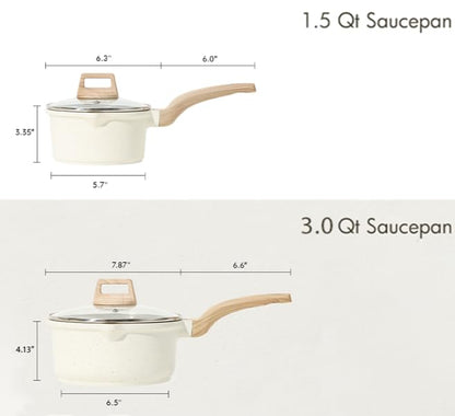 CAROTE 1.5Qt & 3.0Qt Sauce Pan Set with Lid Nonstick Saucepan 4 Pcs Non Stick Sauce Pots Cooking Pot with Pour Spout, Easy to Clean, Small Kitchen Pots Induction Pot, PFOA FREE (White Granite)