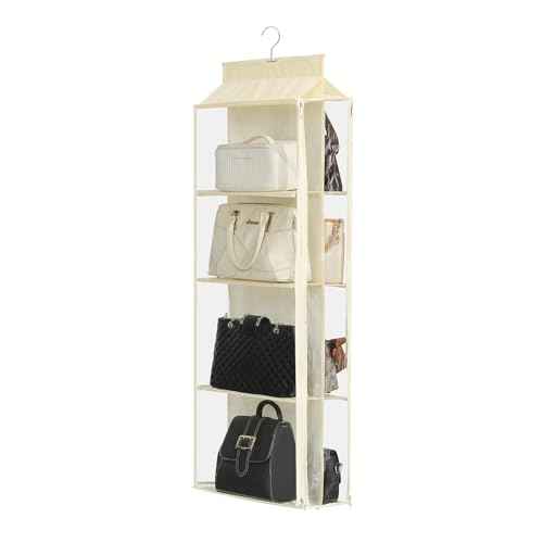8 Grids in 1 Pack Hanging Purse Handbag Organizer with Double Zippers, Visible Purse Organizer for Closet, Fully Enclosed Purse Storage Holder-Beige