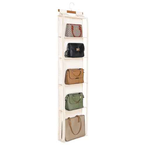 Syeeiex Hanging Handbag Purse Organizer with Zippers, 5 Mesh Shelves,Clear Slubbed Fabric+PVC Hanging Closet Bag Organizer, Dustproof Handbag Closet Tote Storage Bag for Door, Wardrobe, Beige