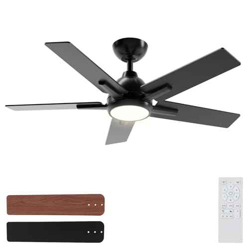 Sevenine 42 Inch Ceiling Fans with Lights and Remote, Black Ceiling Fan with 5 Balde for Outdoor/Bedroom Living Room, Downrod, 6 Speed Reversible DC Motor, 3CCT Dimmable Timer Noiseless, ETL Listed