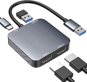 ABLEWE USB 3.0 to Dual HDMI Adapter with USB 3.0 Port, HDMI to USB Audio Video Graphics Converter Cable for Laptop Monitor Desktop TV, Compatible with Mac OS, Windows