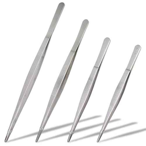 4Pcs 304 Stainless Steel Tweezer Set, 7" 8" 10" 12" Long Tweezers with Precision Serrated Straight Tips, Non-slip Kitchen Tweezers for Cooking Baking Crafts Tank Aquarium Terrarium