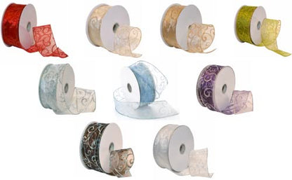 Morex Ribbon 7416.60/50-934 Swirl 2.5" X 50 YD Nylon Sheer Curling Wired Glitter Ribbon, Red/Gold, Holiday Ribbons for Crafts and Christmas Decorations, Gift Wrapping