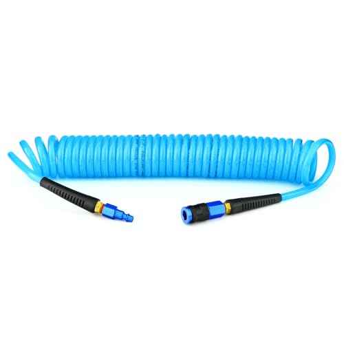 GASHER 1/4" x 25FT Reinforced Polyurethane Recoil Air Hose With Bend Restrictor, 1/4" AMT Universal Air Coupler, For Air Compressor