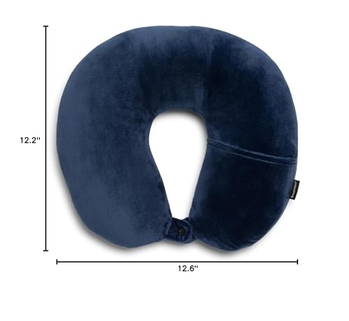 Brookstone Microbead Travel Head and Neck Pillow Lightweight and Plush with Phone or Headphone Pocket, Blue