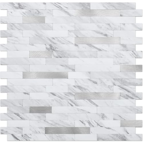 DICOFUN Peel and Stick Backsplash Tile, PVC Mixed Metal Stick on Backsplash Tiles for Kitchen and Bathroom (1, White Marble & Grey Texture)