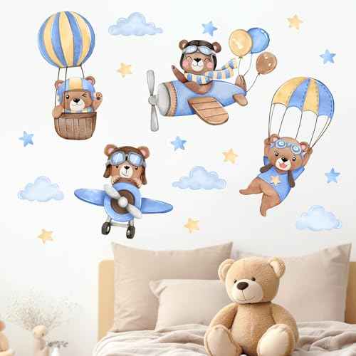 Yovkky Airplane Hot Balloon Bear Wall Decals Stickers, Blue Flying Animal Aircraft Neutral Toddlers Nursery Decor, Cloud Stars Home Decorations Kids Baby Bedroom Playroom Classroom Art