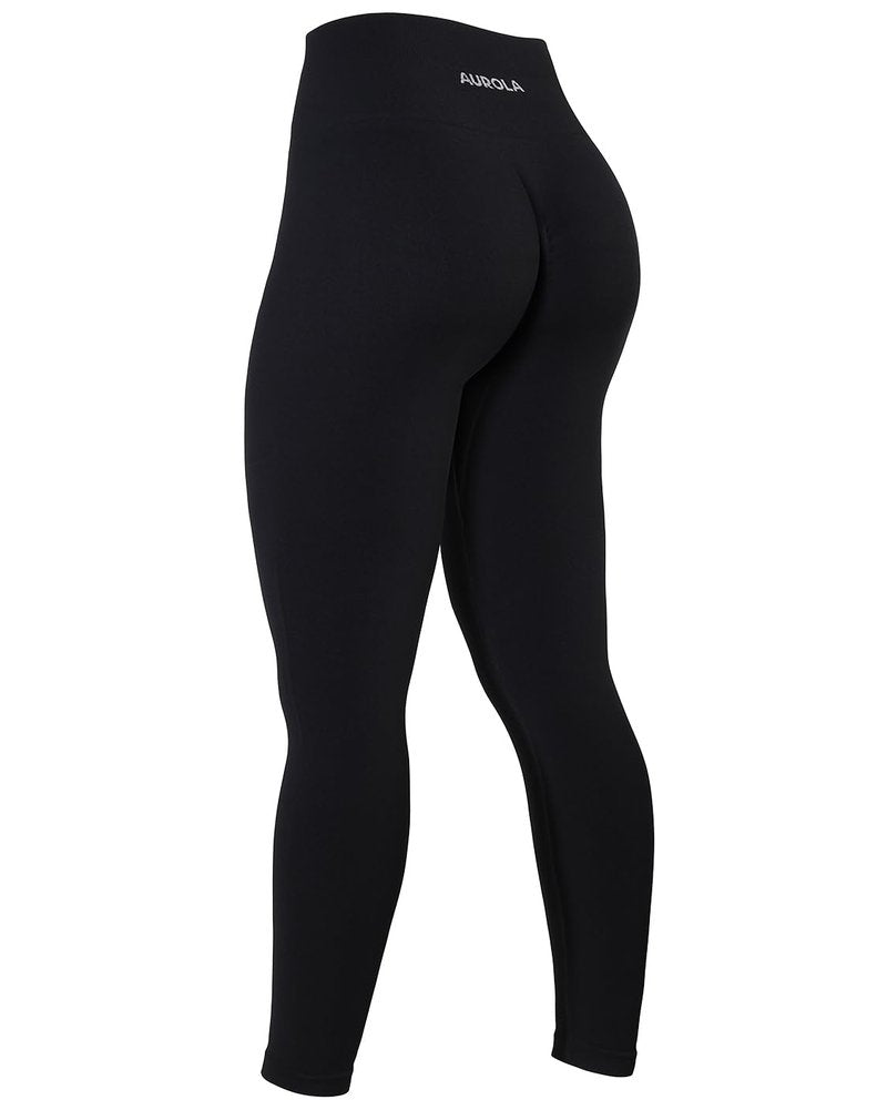 AUROLA Power Workout Leggings for Women Tummy Control Squat Proof Ribbed Thick Seamless Scrunch Active Pants,Black,M