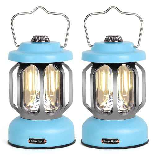 Rechargeable LED Camping Lanterns, Vintage Camping Lights Battery Operated, Portable Retro Metal Glamping Lights for Hiking, Hurricane, Decoration, Power outages, Blue, 2 Pack