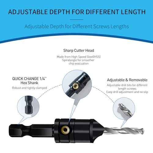 Countersink Drill Bit Set 5 pc,3in1 Woodworking Counterbore Hole Drill Bits,Tapered Countersink Bit,Depth Adjustable M2 Pilot Drill Bits, 82-Degree Chamfer, 1/4¡±Hex Shank