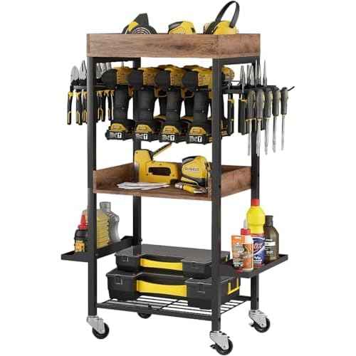 Power Tool Organizer Cart Metal Floor Standing Rolling Drill Rolling Tool Cart Box Organizer - 4 Layer Garage Storage Shelving with Wheels, for Workbench and Garage Gift for Men, Father.