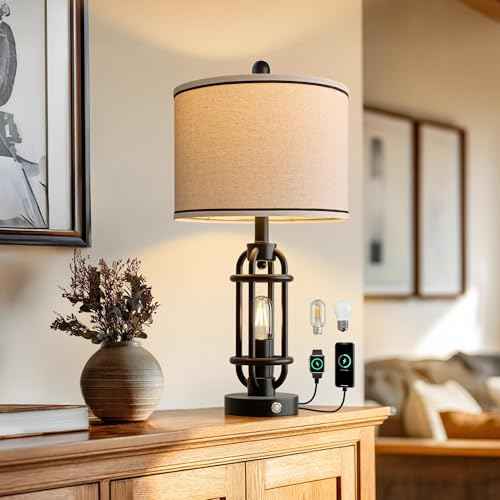 24'' Table Lamps for Living Room Bedroom Industrial Touch Lamp with USB A+C Ports, Night Light Farmhouse Vintage Nightstand Bedside Lamps for Night Stands Metal Black, Bulbs Included