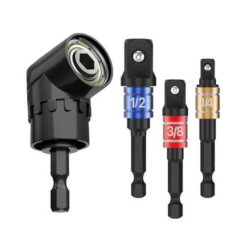 Bates- Socket Adapter Extension Set with Right Angle Drill Attachment, 4 pcs, 1/2" 1/4" 3/8" Impact Socket Adapter Set, 105 Degree Right Angle Drill Adapter, Screwdriver Drill Bit Set
