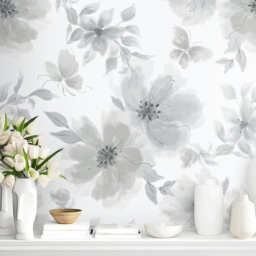 Guvana Floral Peel and Stick Wallpaper Grey Floral Contact Paper Modern Gray Wallpaper Watercolor Flower Leaf Self Adhesive Wall Paper for Bedroom Livingroom Decorative 17.32"x78.7"
