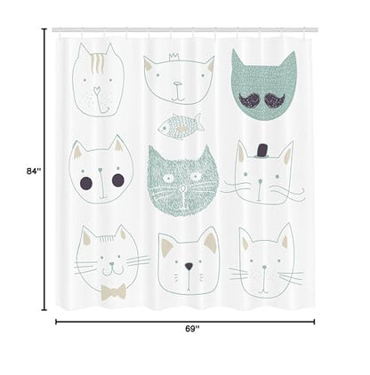 Ambesonne Cat Shower Curtain, Pets Moustache Bow Tie Hat Crown Fluffy and Fish Humor Faces Graphic, Cloth Fabric Bathroom Decor Set with Hooks, 69" W x 84" L, Soft Teal