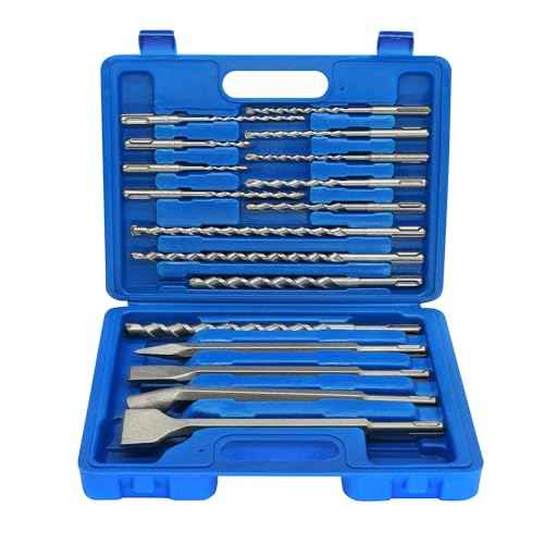 17Pcs SDS Plus Rotary Hammer Drill Bit Set,Concrete Drill Bit Kit with Point Chisel,Flat Chisel,Cross Type Double Thread Carbide Material for Concrete,Bricks,Tiles,Stone and Glass